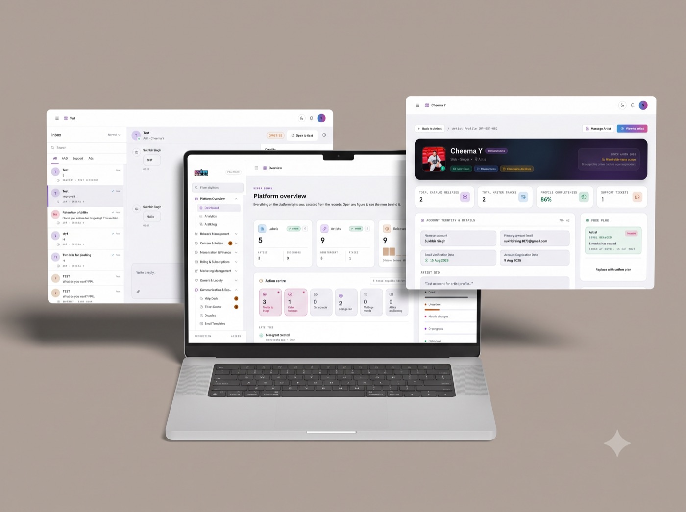 Music distribution platform: admin overview, artist profile and support inbox
