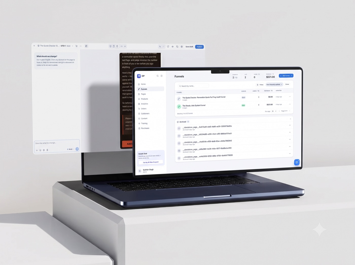 OfferPress funnel dashboard on a laptop, with the AI page editor beside it