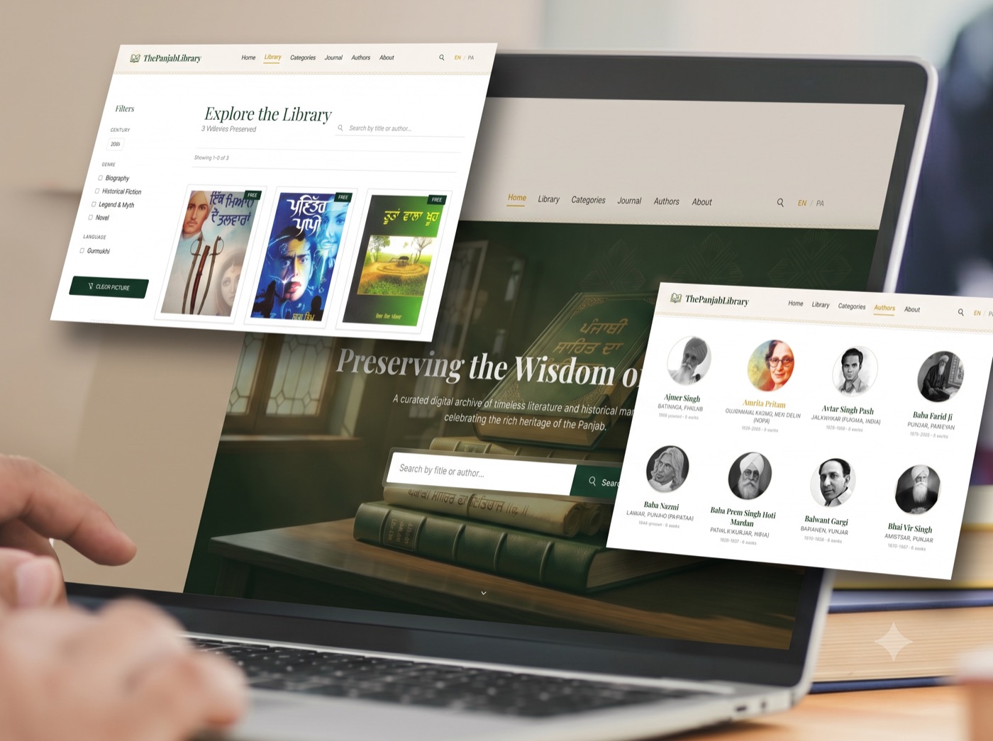 ThePunjabLib digital library: home, library and authors pages